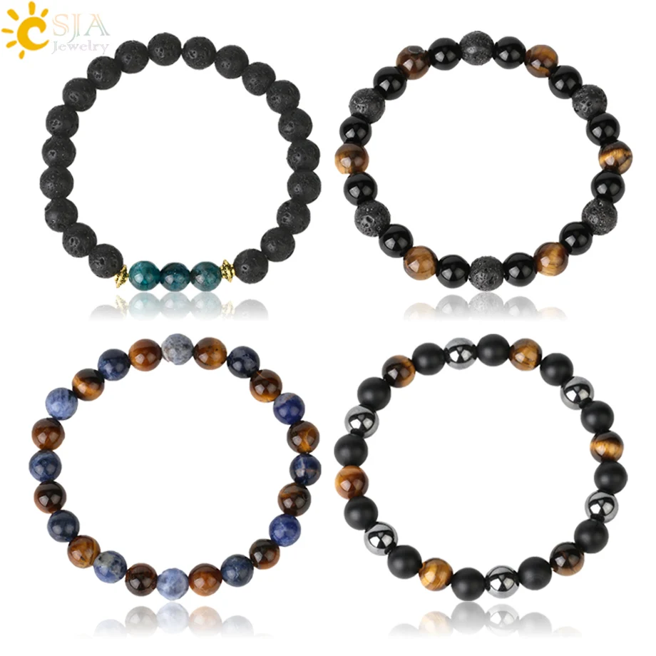 CSJA Natural Stone Bracelet Crystal Bracelets for Couple Men Black Onyx Tiger Eye Hematite Health Energy Magnetic Jewelry G825