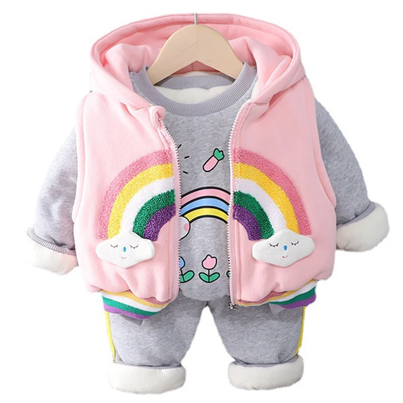 

Girls Set Winter Plush Thicken Cotton Clothes 2021 New Rainbow Coat Vest+Pullover+Pant Warm Suit Kids Tracksuits Baby Clothing