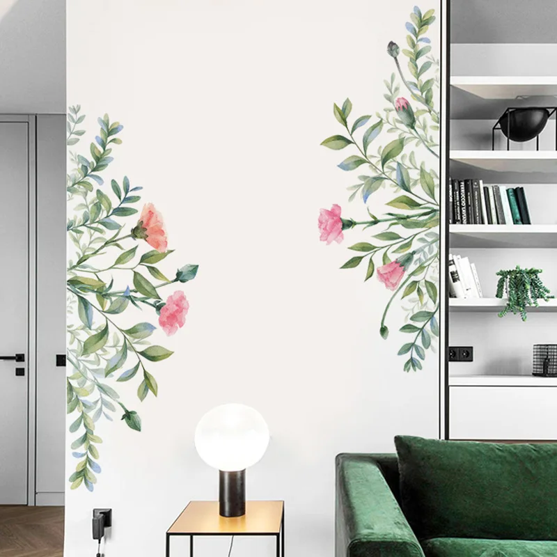 Green Leaf Safflower Wall Sticker Bedroom Living Room Decorations Home Mural Cupboard Diagonal Stickers Combination Wallpaper