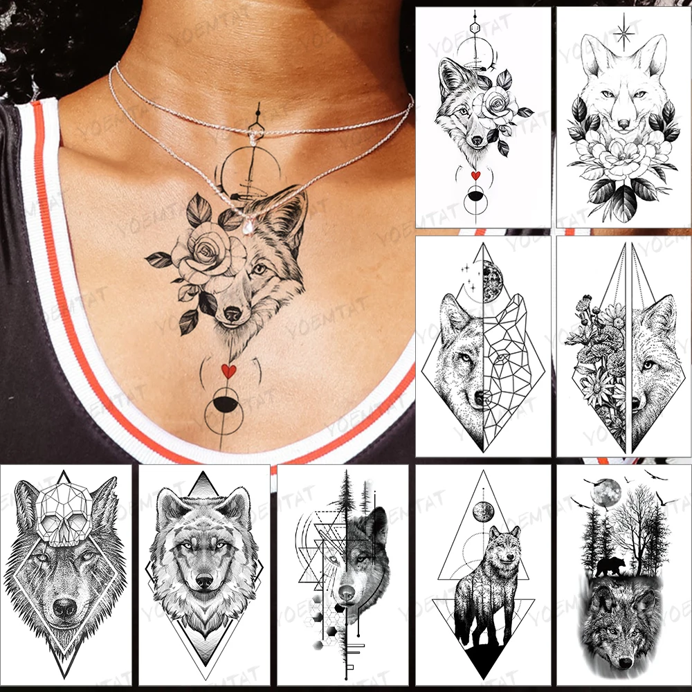 Waterproof Temporary Tattoo Sticker Fake Tatoo Realistic Body Art Animal Wolf Rose On Arm Black Tatto For Men Women Child Tattoo