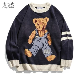 Bear knitting Sweaters Men Hip Hop Oversized Soft Pullover Couple New O-Neck Vintage Harajuku Streetwear Japanese Sweater