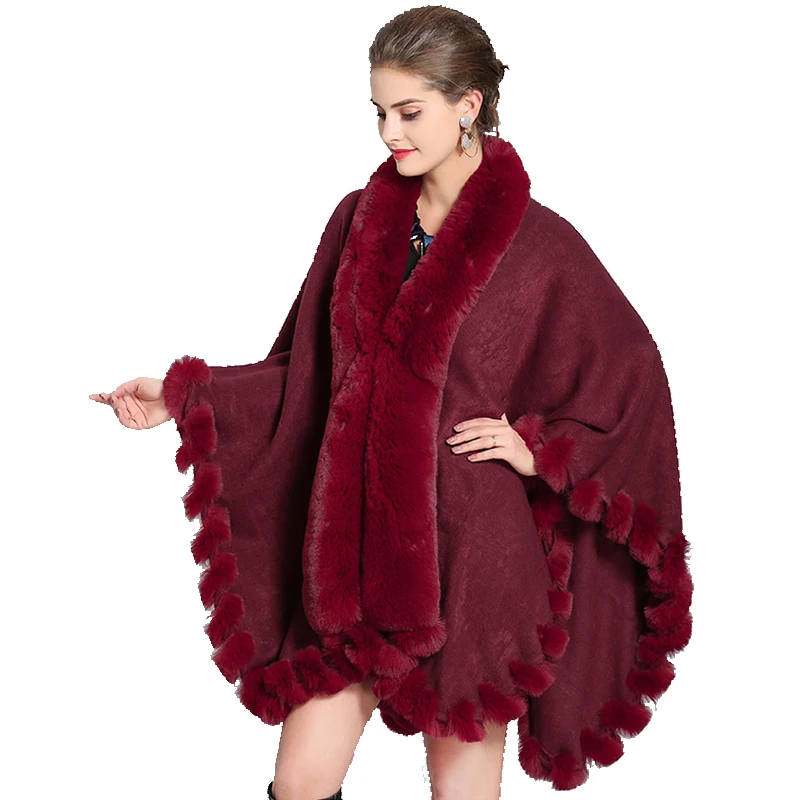 

Winter Faux Fox Fur Collar Fur Shawl Women Irregular Cloak Coat Warm Knit Cashmere Cloak Shawl Faux Fur Wraps Overcoat Lady 2022