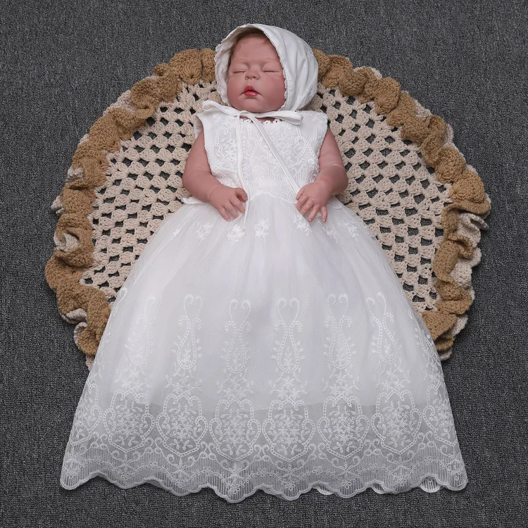 

Long Baby Sleeveless Christening Gown White Baptism Dress Hat Newborn Beaded Tulle Dresses First Birthday Party Gown Lace Frock