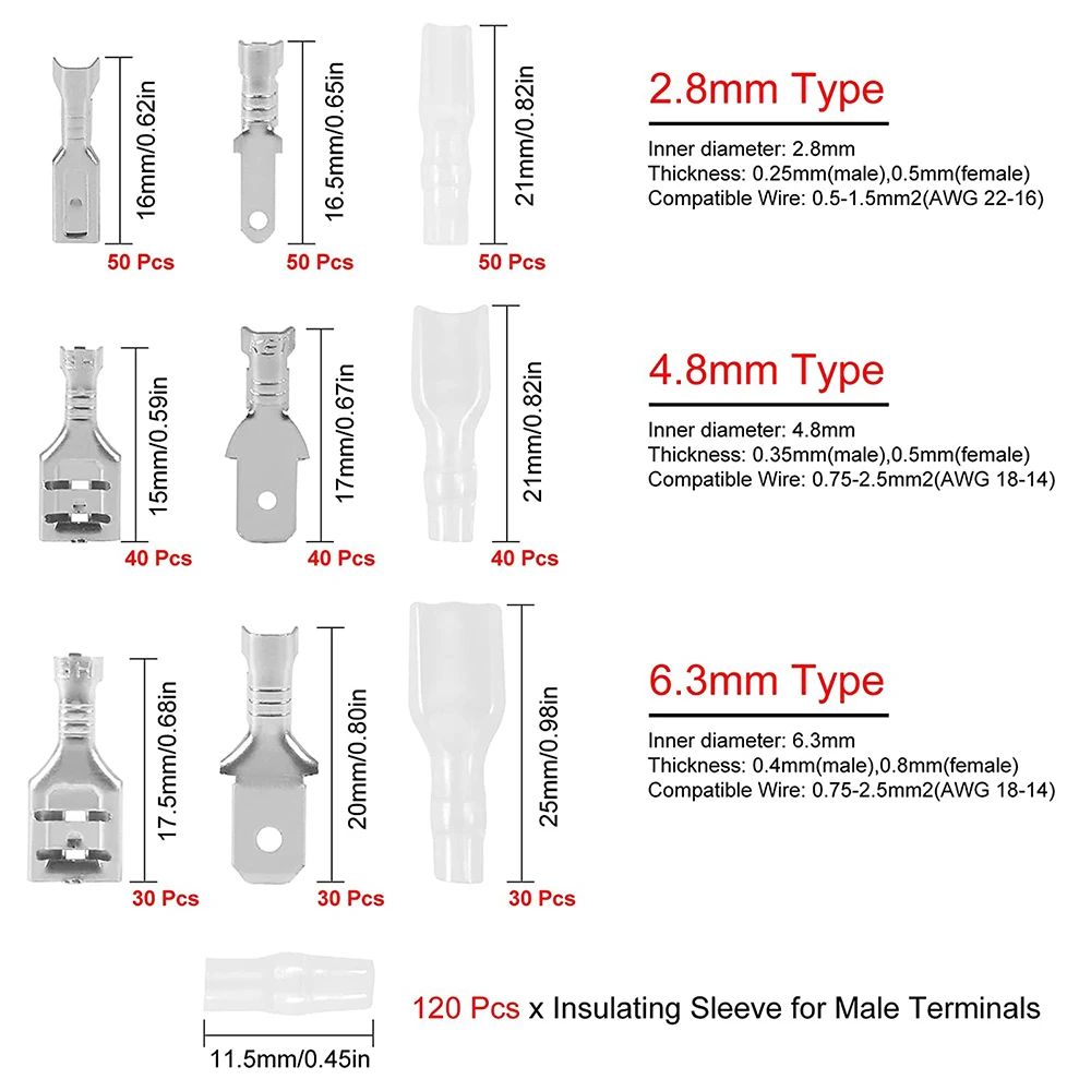 480 pcs Male Female Spade Connectors Wire Crimp Terminal Block with Insulating Sleeve Assortment Kit