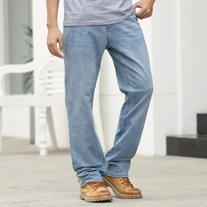 Summer Thin section Baggy Men Jeans Straight Large Size  Loose Elastic Denim Pants  Light Blue Leisure Hip Hop Skateboard Jeans