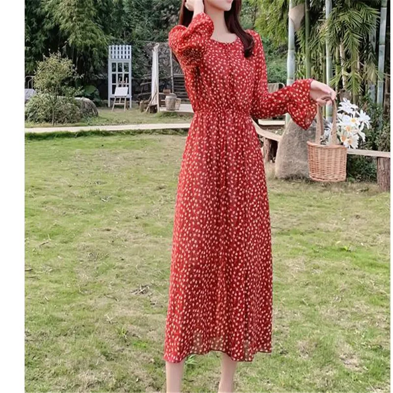 Plus size spring and summer long sleeve chiffon dress floral dress bohemian vacation beach dress