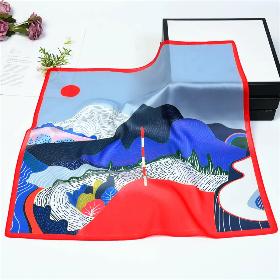 53cm Spring Silk Scarves Women Hand Painted Mountains And Rivers Summer Square Scarf Kerchief Brand Neckerchief For Ladies