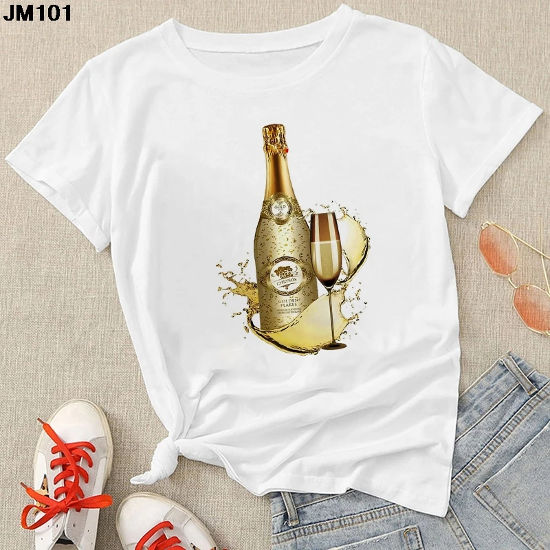 

Summer Harajuku Women's Tshirt 2021 Fashion Champagne Print Tee Ladies T Shirt Casual Woman Streetwear White Top Female T-shirt