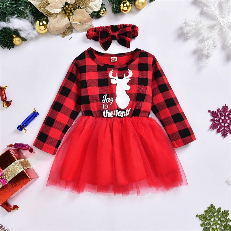 

Baby Girls Christmas Cosplay Clothes Set Infant Girl Long Sleeve Tops Children's Clothing Girls' Skirts Mesh Dress Elk Printing