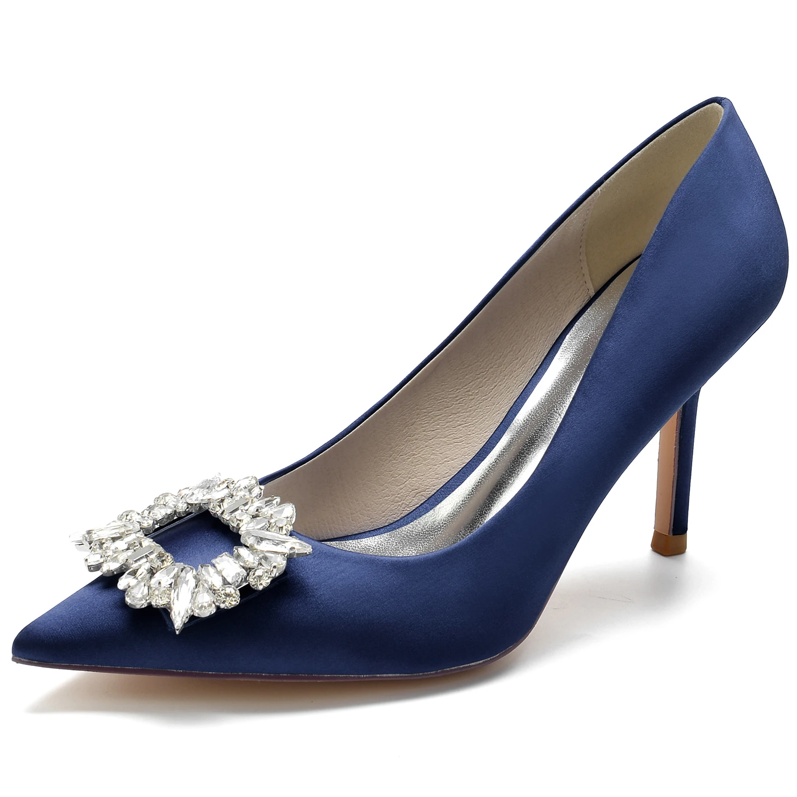 New Classic Pointed Toe Lady Satin Evening Dress Shoes Slip on Square Crystal Brooch Super Thin High Heels Party Prom Wedding