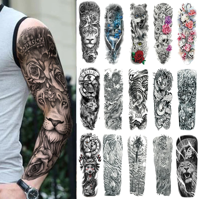 

50 Piece Wholesales Full Arm Waterproof Temporary Tattoo Sticker Tiger Lion Wolf Fish Skull Flower Body Leg Sleeve Woman Men