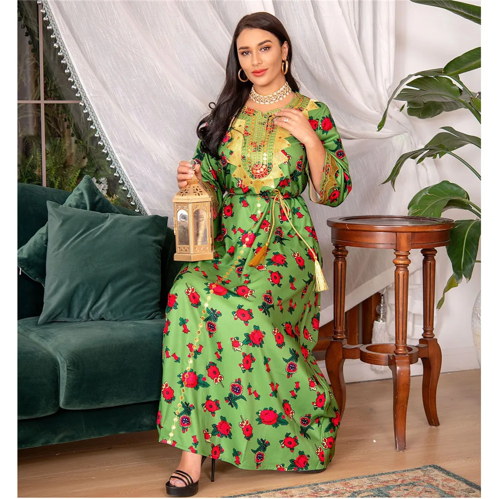 

Floral Print Kaftan Women Muslim Maxi Dress Ramadan Eid Djellaba Islamic Jalabiya Morocco Caftan Dubai Abaya Turkey Robe Vestido