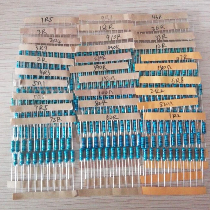 Resistance 1% Metal Film Resistor Sortimento Kit Set, 1 a 750 Ohm, 1, 2W, 30 Tipos, 10Pcs, 300Pcs, Frete Grátis