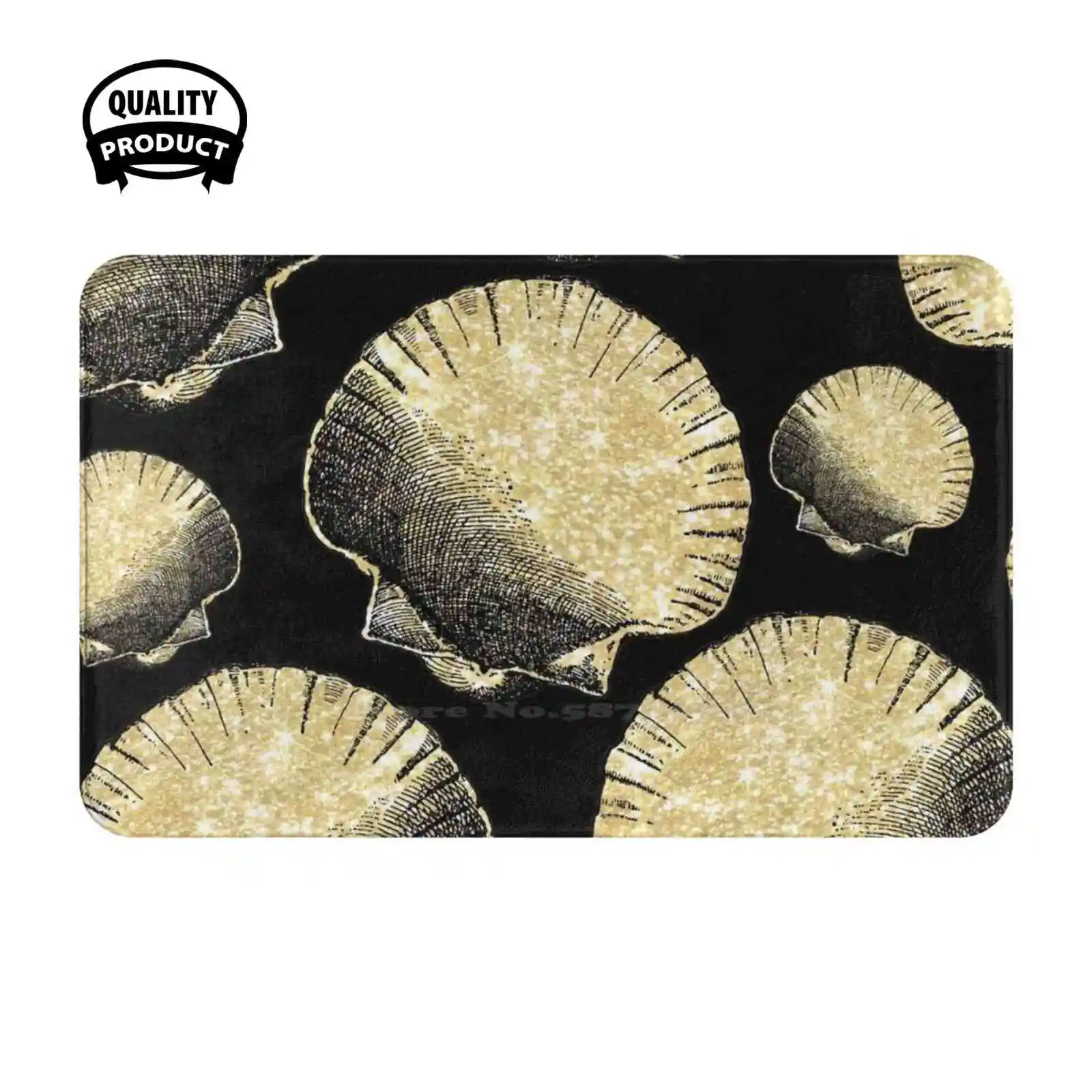 Black And Gold Seashell Repeating Pattern Of Scallops Soft Cushion Home Carpet Door Mat Car Rug Scallops Golden Black Delicious