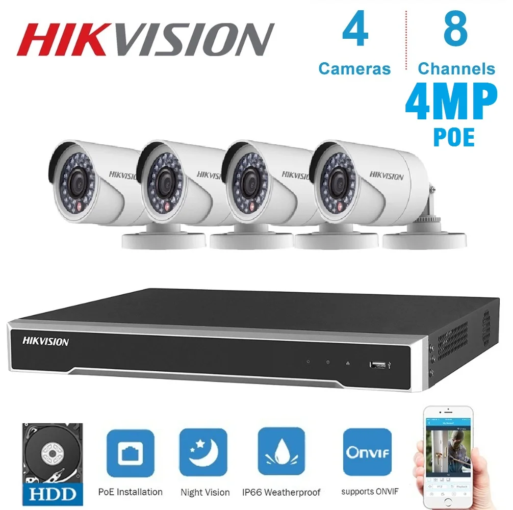 4K Network 8-CH Hikvision POE  NVR Video Recorder With 4 Pcs 4MP Waterproof Ip Camera Night Vision CCTV Security System  Kit