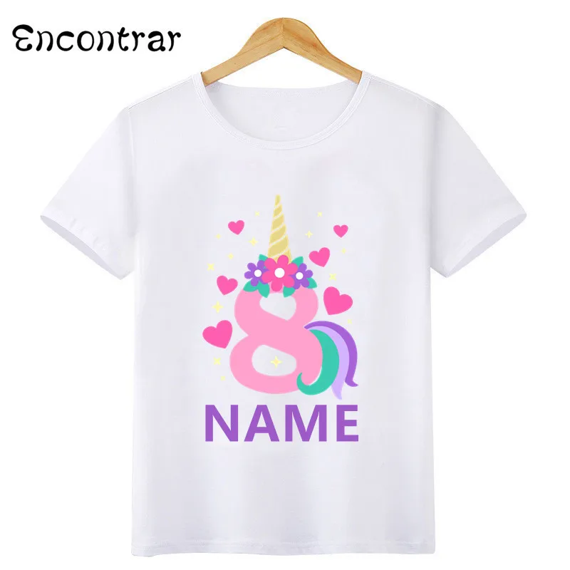 Happy Birthday Number 1-10 Bow Cute Unicorn Print Girls T shirt Customize Name Kids T-shirts Party Baby Children Tops,HKP5399