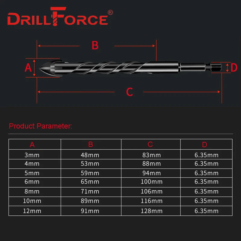 Drillforce الصليب عرافة بلاط مثقاب الخشب s كوب سيراميك ثقب الخرسانة فتاحة 4 شفرات كربيد تلميح تويست مثقاب الخشب 3/4/5/6/8/10/12 مللي متر