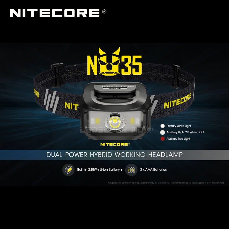 Triple Light Sources NITECORE NU35 Rechargeable Dual Power Hybrid Working Headlamp Compatible with Replaceable AAA Batteries