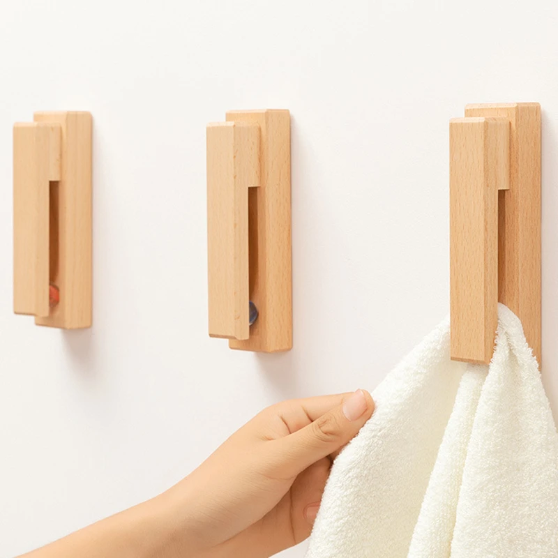 Nordic Walnut Beech Towel Hook Strong Viscose Wall Hanging Door Wooden Creativity Hook Free Punching Bathroom Home Hotel Storage