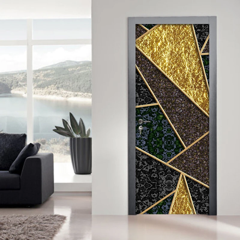 3D Marble Geometric Pattern Door Sticker Waterproof Self-adhesive Mural Wallpaper Living Room Bedroom Luxury Home Decor