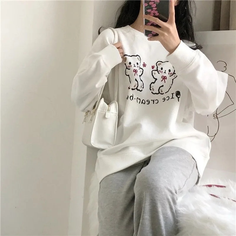 Hoodies Women Lovely Cartoon Simple Soft Loose O-neck Schoolgirls Kawaii Clothes Daily Casual All-match Popular Femme Sweatshirt