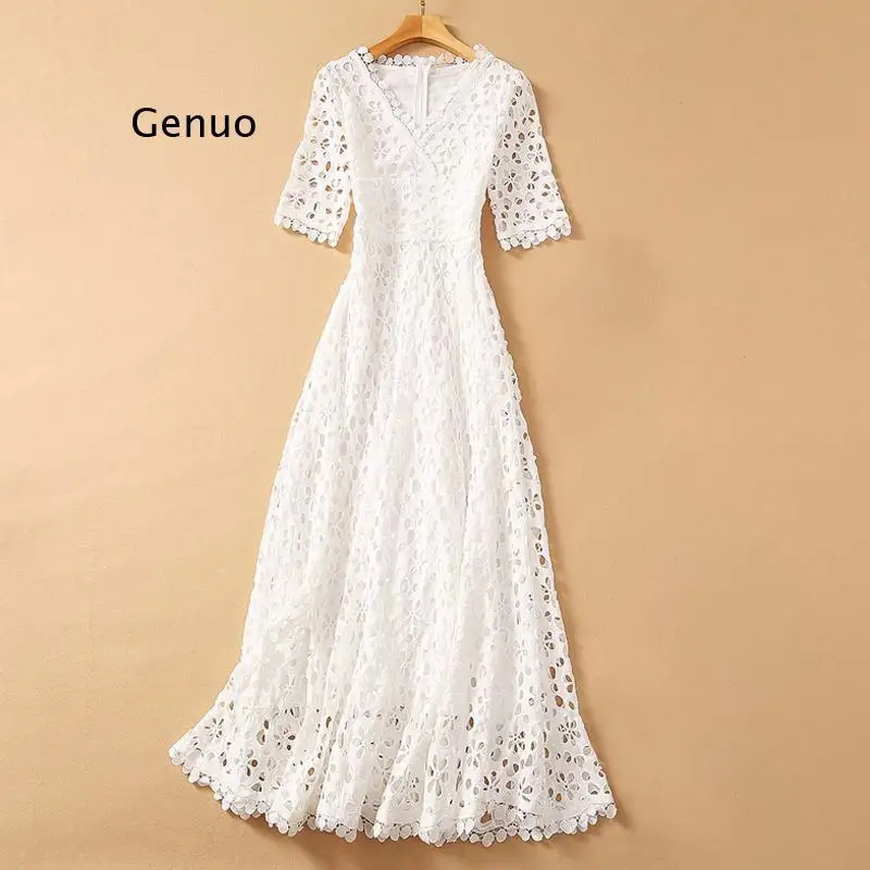 Elegant White Maxi Dress for Women V Neck Half Sleeve High Waist Hollow Out Slim Dresses Women 2020 Autumn New Style Fashion