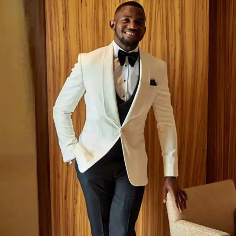 Beyaz düğün smokin balo erkekler için siyah pantolon ile 3 parça ceket yelek Suits Slim Fit afrika moda giysi Set 2023 kostümleri