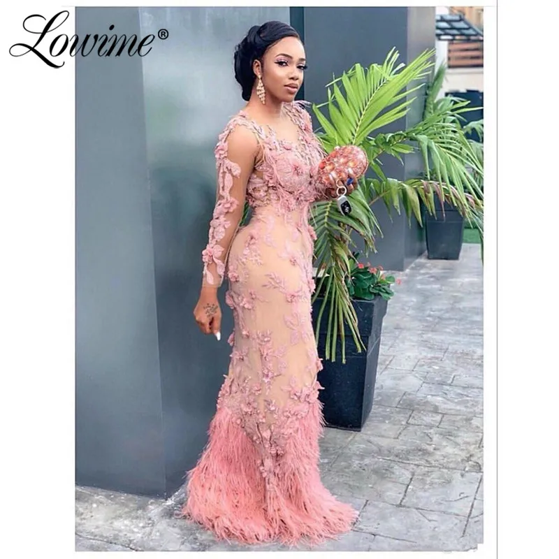 

Pink African Mermaid Evening Dresses 2020 Pearls Handmade Flowers Illusion Feathers Long Sleeves Arabic Dubai Prom Party Gowns