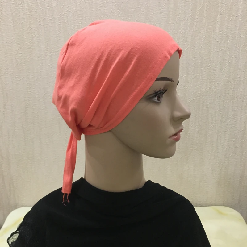 H048 Plain Cotton Tie Back Hats Muslim Turban Pure Color Stretch Inner Hijabs Underscarf Women Head Scarf Under Hijab Bonnet