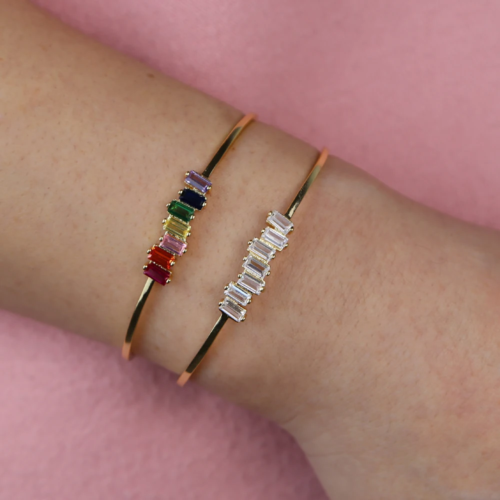 open adjusted size white rainbow rectangle cz bangle for women gilr fashion jewelry