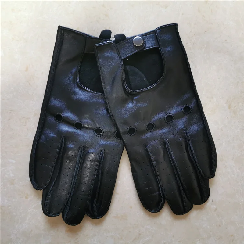 Genuine Leather Locomotive Gloves Male Classic Driver Youth Black Motorcycle Bike Five Finger Men Goatskin Driving Gloves TB15-B