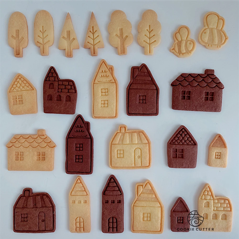 Town Theme House Shape Biscuit Mold Tree Bee Apple Cloud Pattern Cookie Stamp Mold Home DIY Fondant Sugar Craft Baking Mold