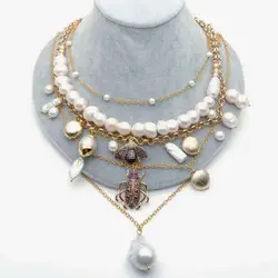 YYGEM layered chain Freshwater White Pearl Cz insect multi-layer charm  statement necklace hiphop style for women