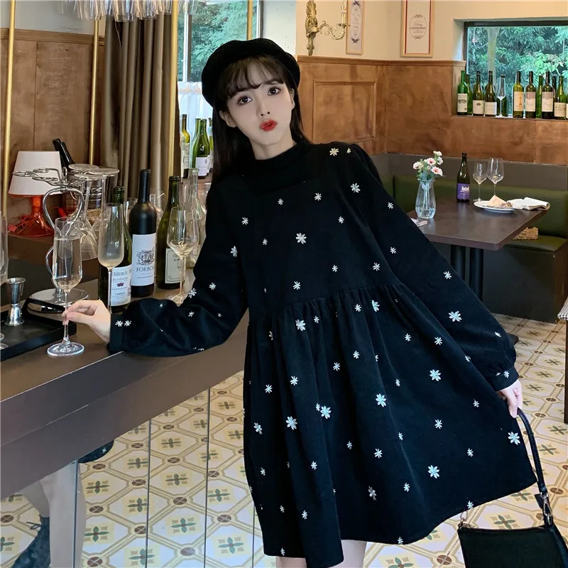 Black Dress Women's Autumn and Winter Retro Square Collar CorduroyThickened Mid-Length A- line Dress sweet lolita dress