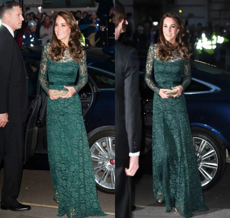 Kate Hunter Green Evening Dress Full Lace Illusion Long Sleeves Formal Mother Holiday Wear Prom Party Gown Custom Made Plus Size