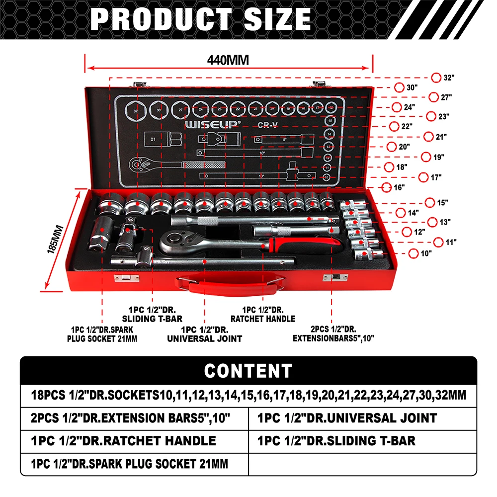 WISEUP-Juego de Herramientas Crv de 24 piezas, Kit de reparación Manual de automóviles, Kit de llave de tubo, caja de herramientas mecánicas, llave de trinquete, Kit de caja de herramientas multifunción