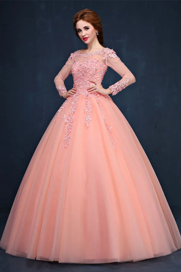 Vestido de baile de quinceañera, manga larga hasta el suelo, apliques de encaje con cuentas de cristal, dulce vestido de fiesta, rosa, 2022