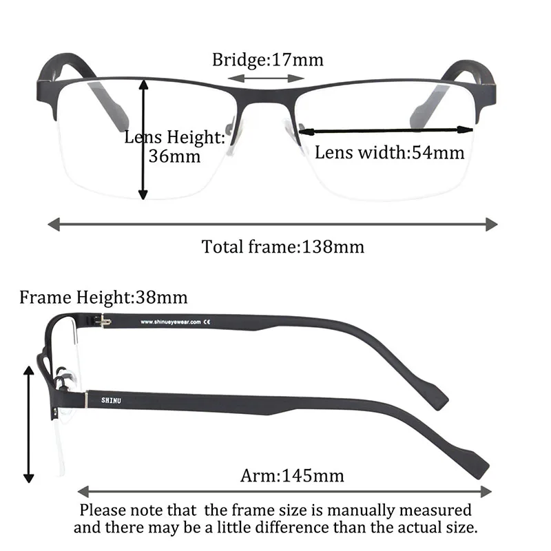 SHINU Men's glasses half frame eyeglasses myopia glasses blue cut computer glasses standard diopter fast shipping no astigmatism