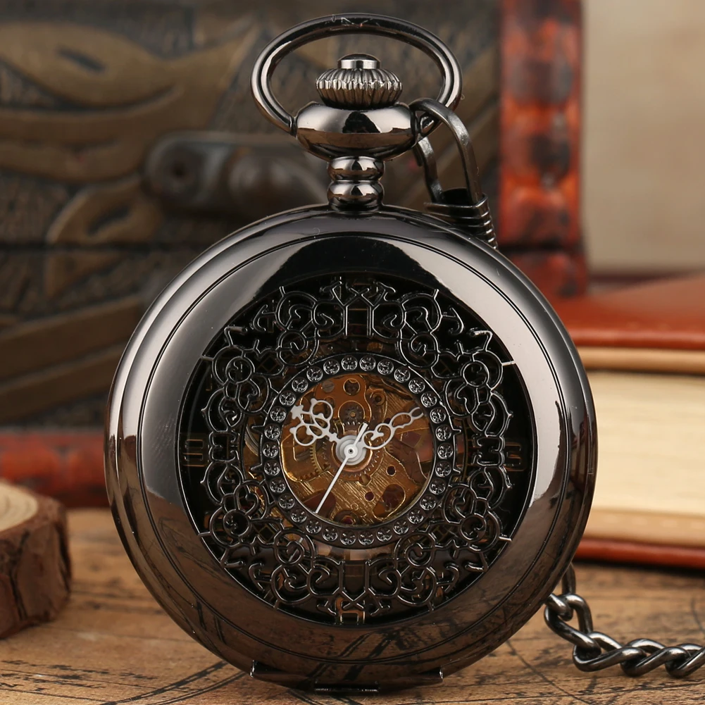 

Elegant Retro Black/Silver Hollow Mechanical Hand Winding Pocket Watch Arabic Numerals Dial Luxury Vintage Manual Timepiece Gift