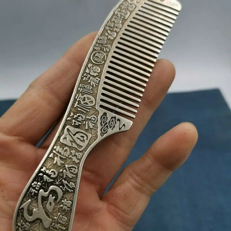 Old Chinese tibet silver handcarved Phoenix fu word comb