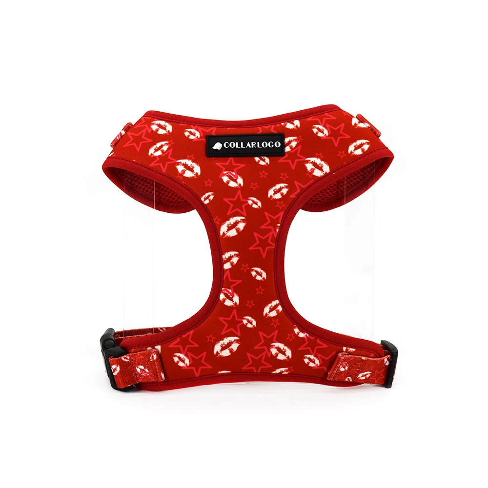 Adjustable Pet Dog Collar Durable Soft Cute Creative Colored Red Lip Print Design Leash Neoprene Harness With Poop Bag Dispenser