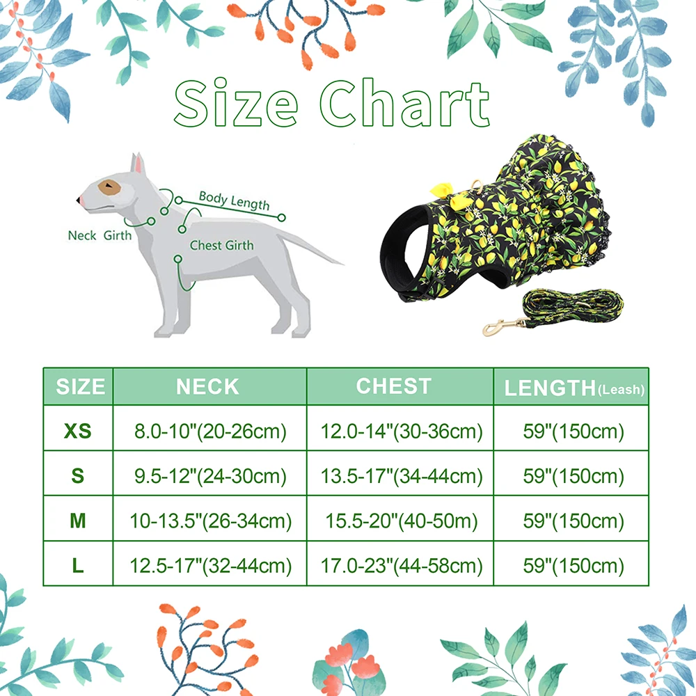 Cute Printed Dog Cat Harness Leash Nylon Small Dogs Puppy Harness Vest Leashes Adjustable for Chihuahua Yorkie Pet Clothes Dress