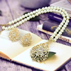 Sunspicems Gold Color Morocco Pearl Chain Pendant Necklace Earring Sets for Women Arabic Ethnic Bride Wedding Jewelry