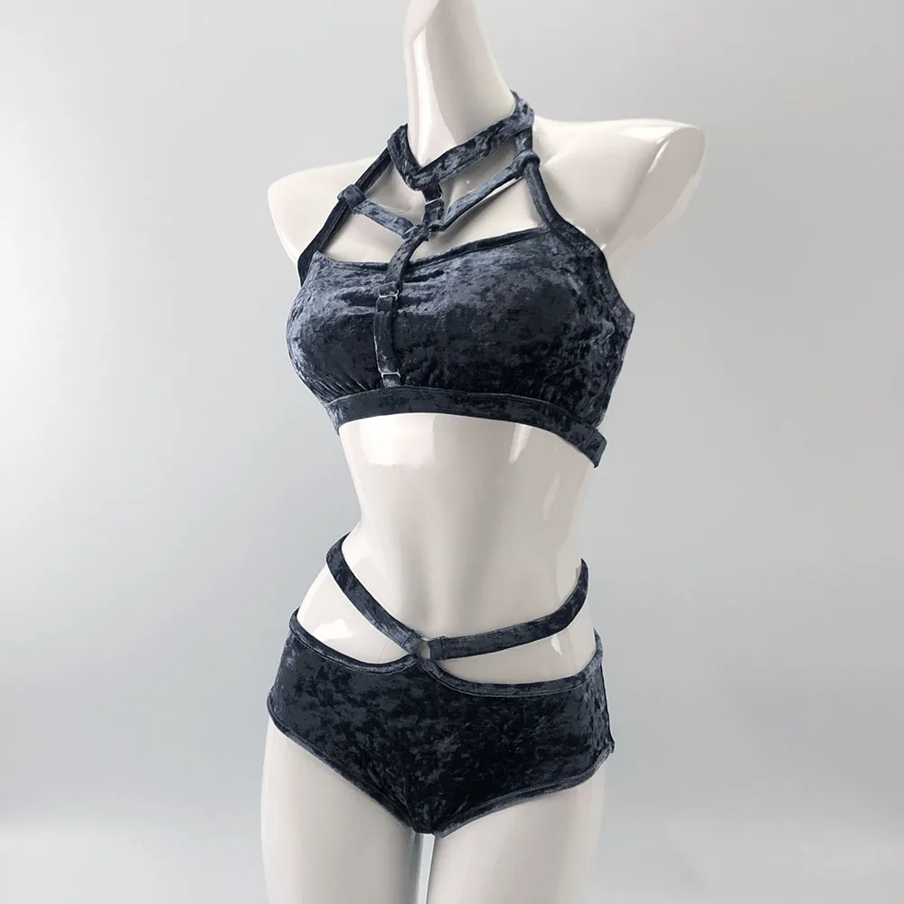 Hope&Win 2021 Newest Women\'s Pole Dance Clothing Velvet Asymetrical Crop Top Sexy Shorts Club Velvet Asymetrical Bottoms