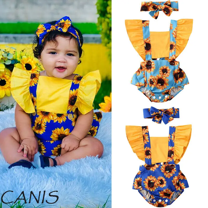 Newborn Baby Girl Sleeveless Sunflower Romper Tops Square Neck Jumpsuit Headband Outfit Baby Summer Clothes 0-24M