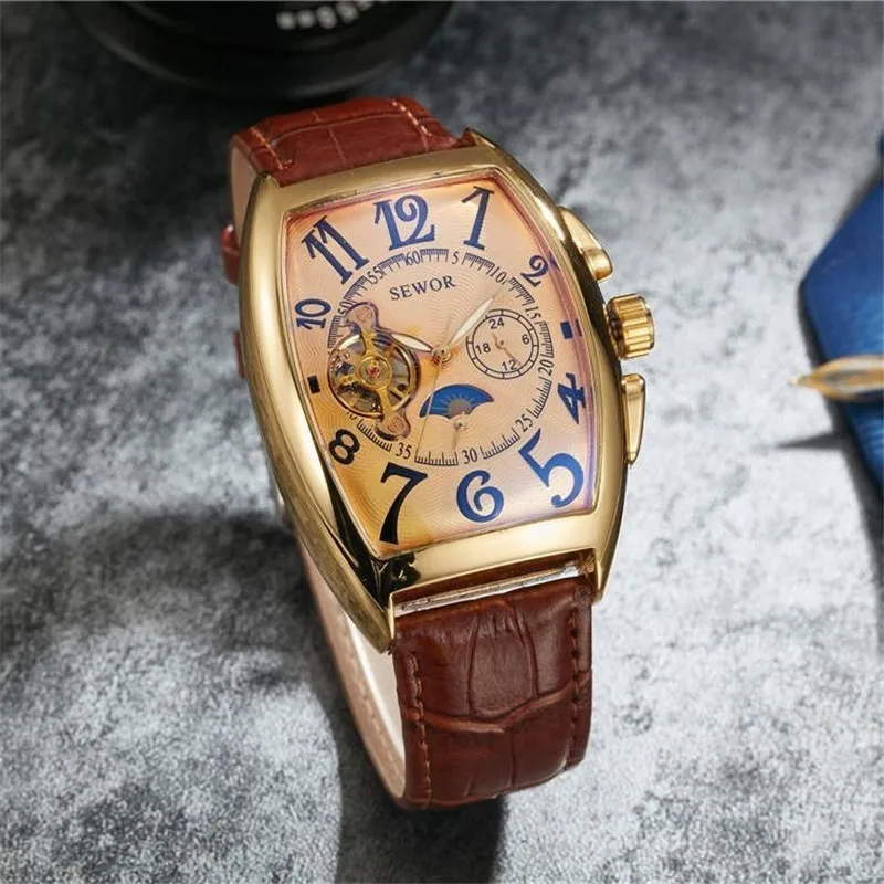 Fashion business tourbillon mechanical watch European and American wine barrel belt men's watch