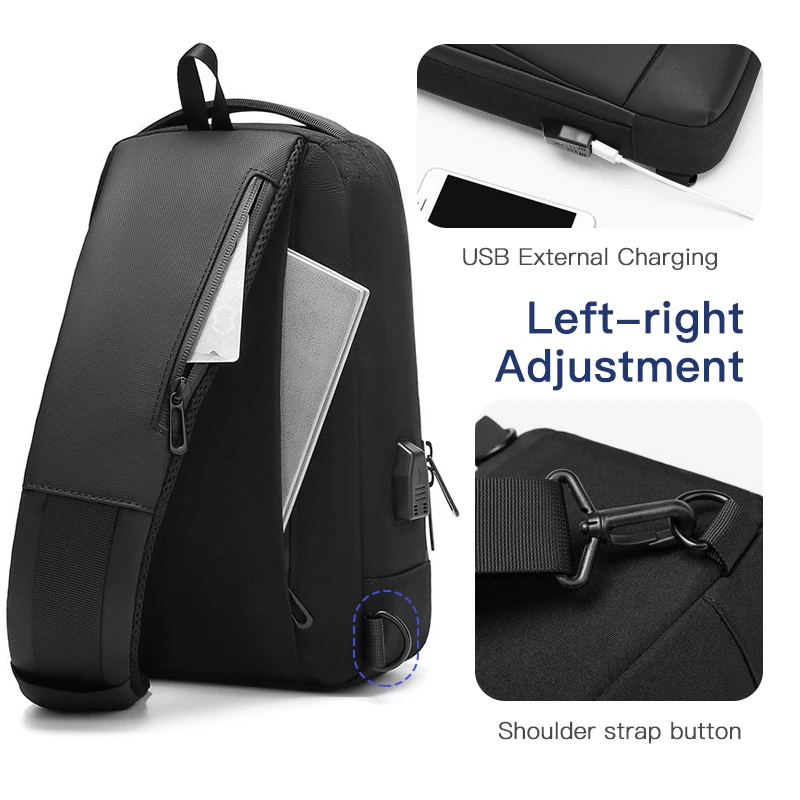 OZUKO Men USB Charging Crossbody Bags Waterproof Messenger Chest Bag Male Short Trip Sling Bag Large Capacity Shoulder Bag Black