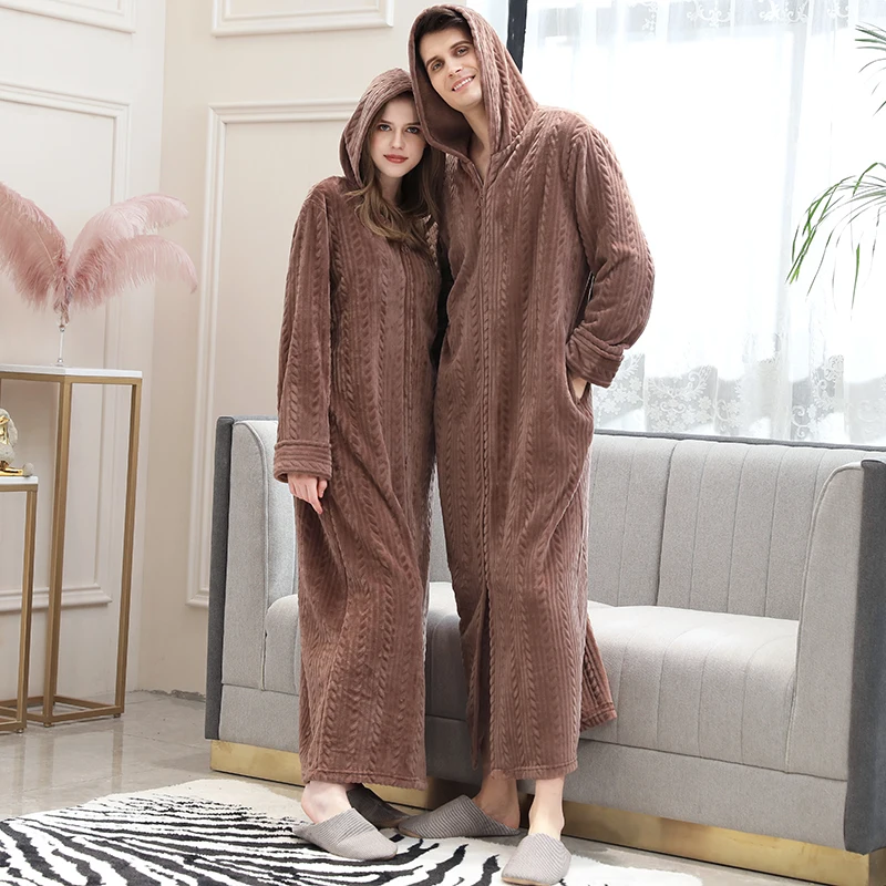 Women Winter Hooded Plus Size Long Warm Flannel Dressing Gown Pregnant Zipper Bathrobe Lovers Cozy Bath Robe Men Night Sleepwear