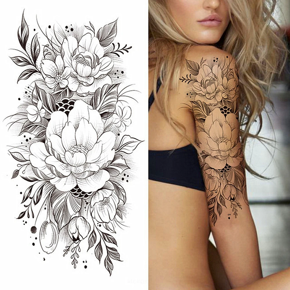 Black Temporary Tattoos Sexy Women Body Arm Art Compass Snake Flower Henna Mandala Waterproof  Character Fake Girl Tatoo Sticker