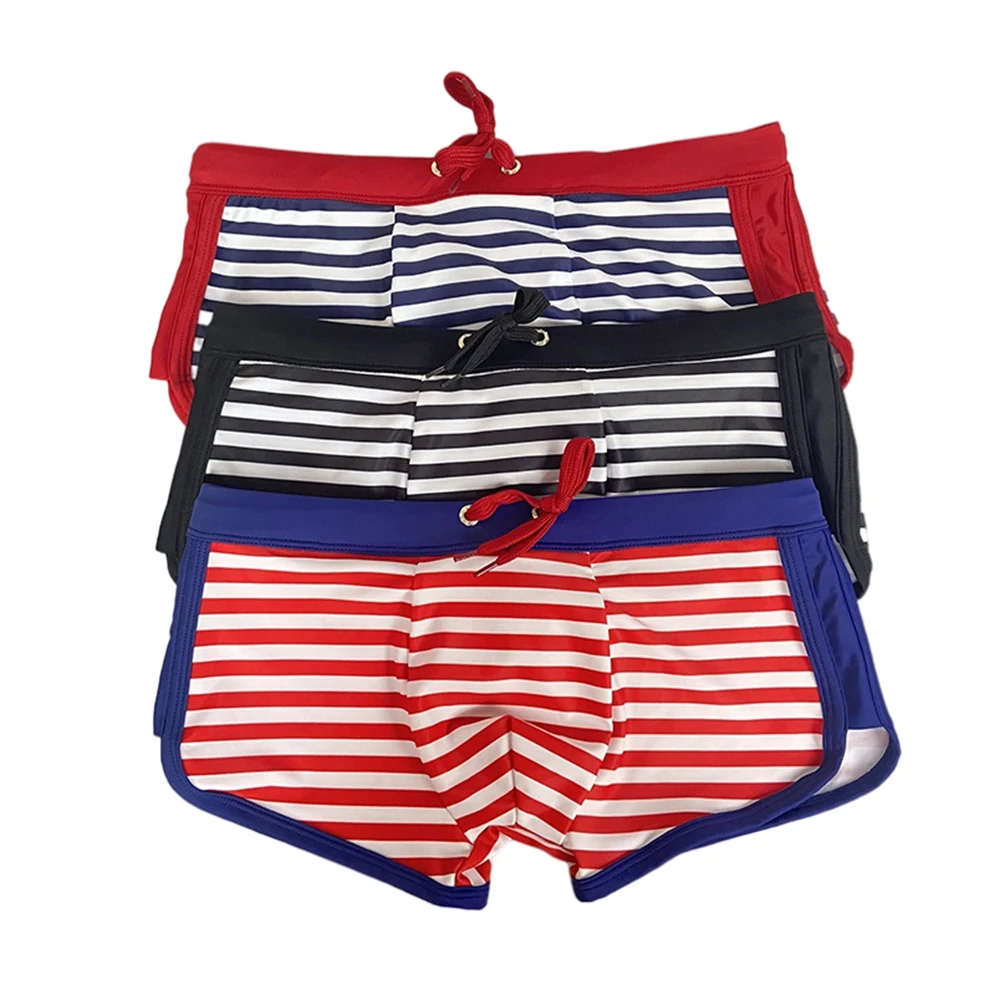 Sexy Mens Swimming Trunks Low Waist Pouch Striped Swimsuit Fashion Male Side Split Bathing Suit Sport Beach Surfing Board Shorts